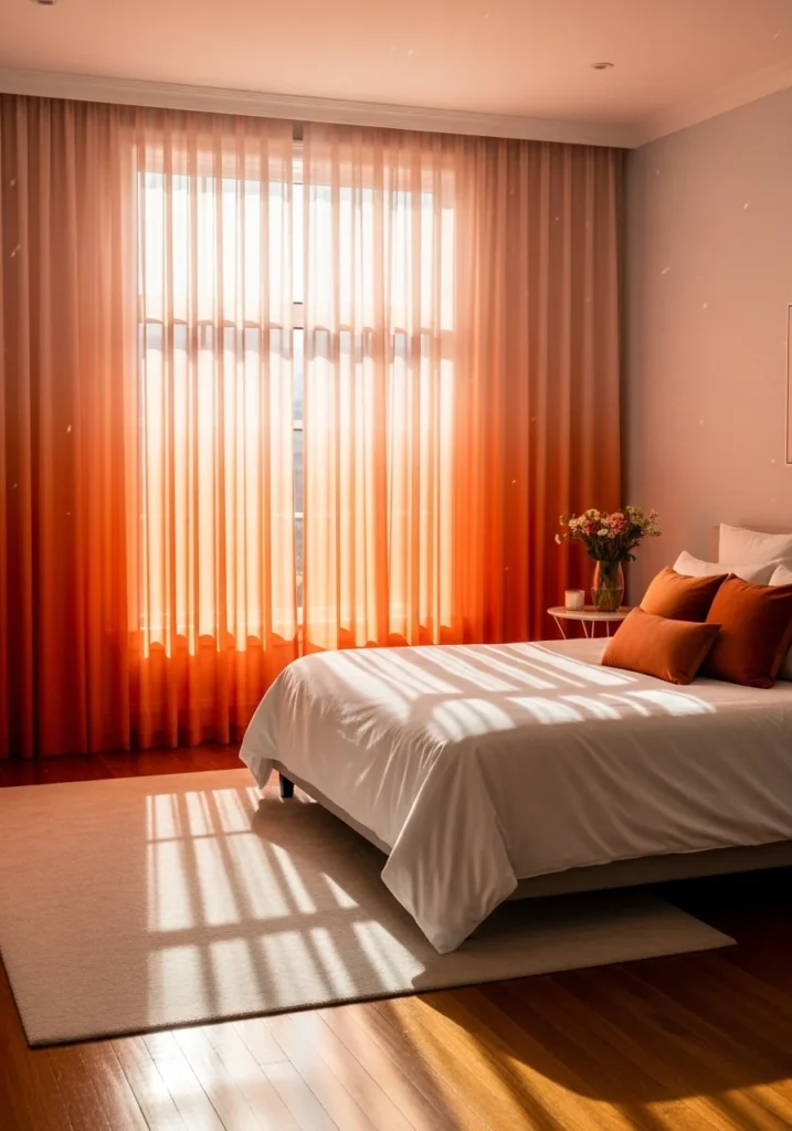 Bedroom with sunset-inspired gradient drapes adding warmth and movement to the space.