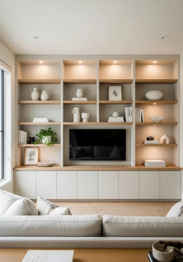 Built-in shelves with cabinets below in living room for stylish and practical storage