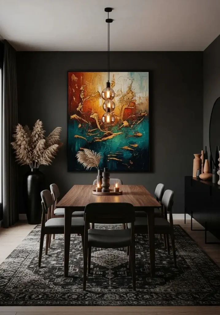 Moody dining room featuring large statement wall art.
