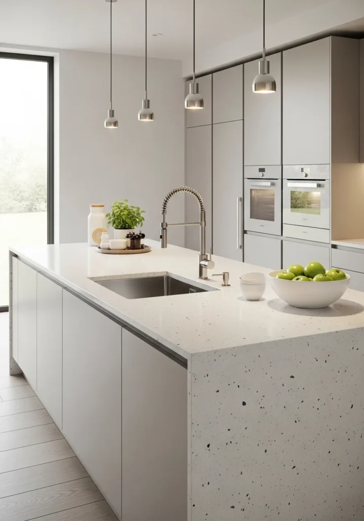 white countertop with black stone texture kitchen