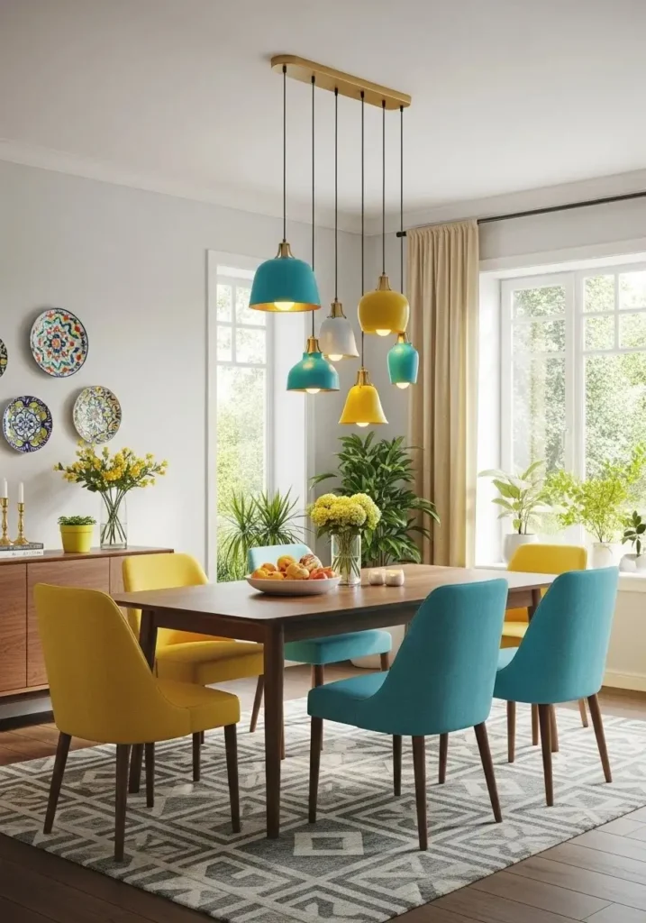 Dining room featuring colorful pendant lighting above the table.