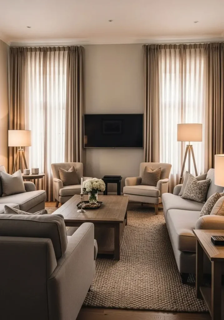 Living room TV wall framed with full-length curtains.