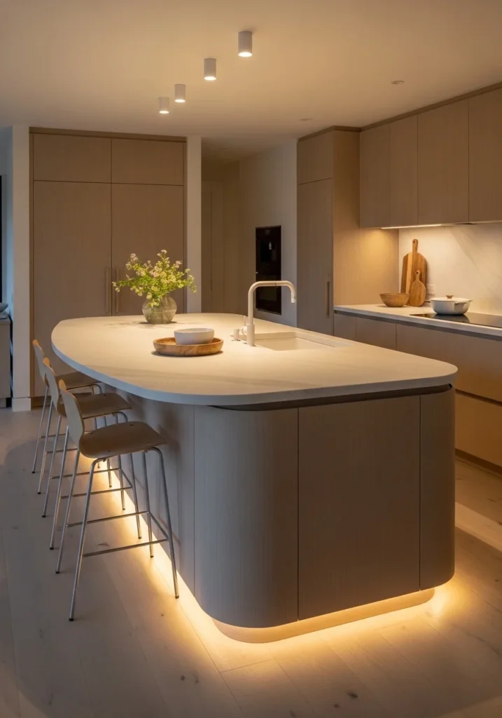 Modern kitchen island with hidden sink and removable cover, sleek uninterrupted countertop, open-plan space, minimalistic design