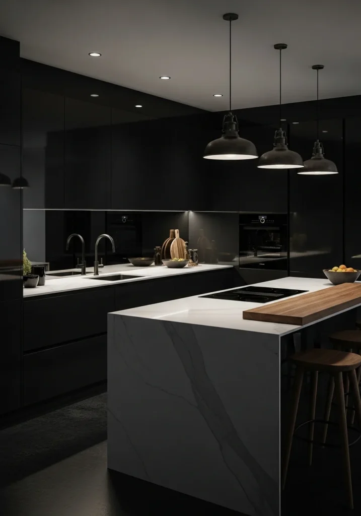 Sleek black L-shaped kitchen with marble island, modern moody design.