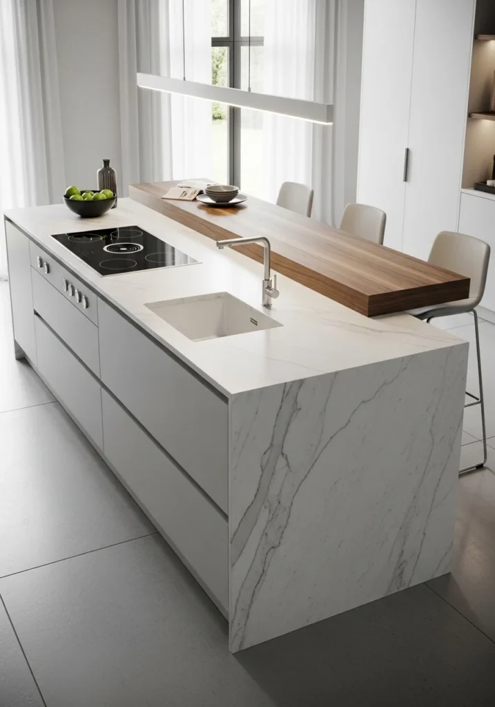 single side waterfall island kitchen subtle modern look
