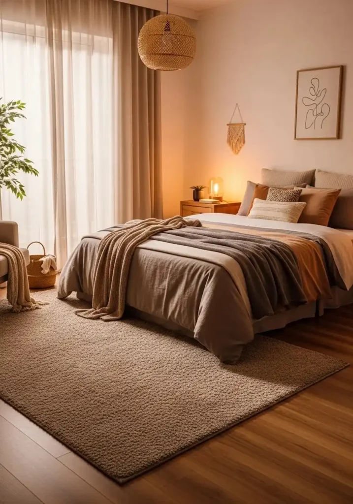 Full bedroom view soft rug warm cozy comfortable space