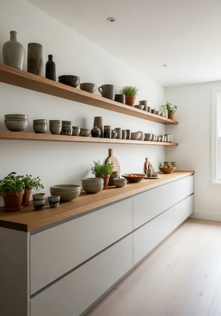 Long kitchen with open shelving along the wall, adding personality and visual interest