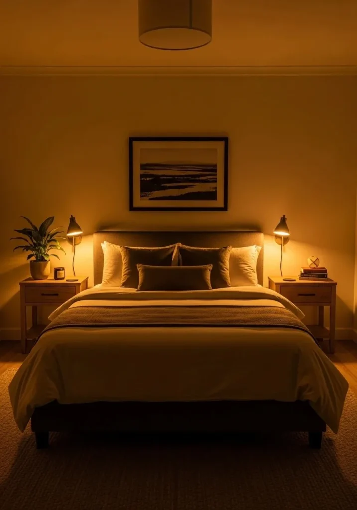 Full guest bedroom warm lighting relaxing cozy peaceful night environment