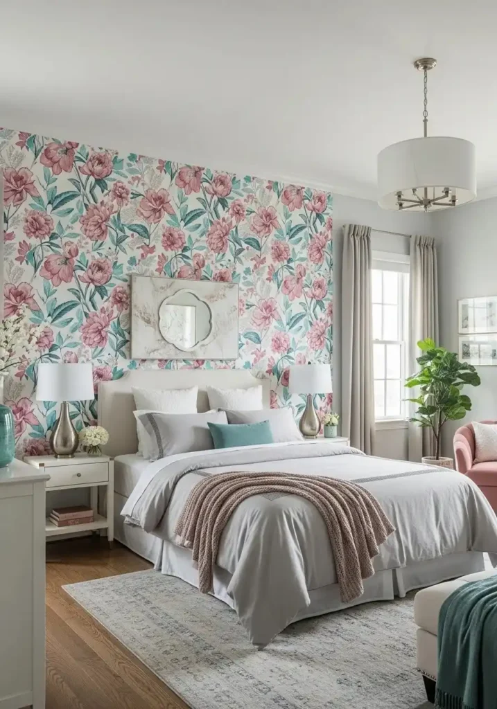 Blush and teal wallpaper bedroom