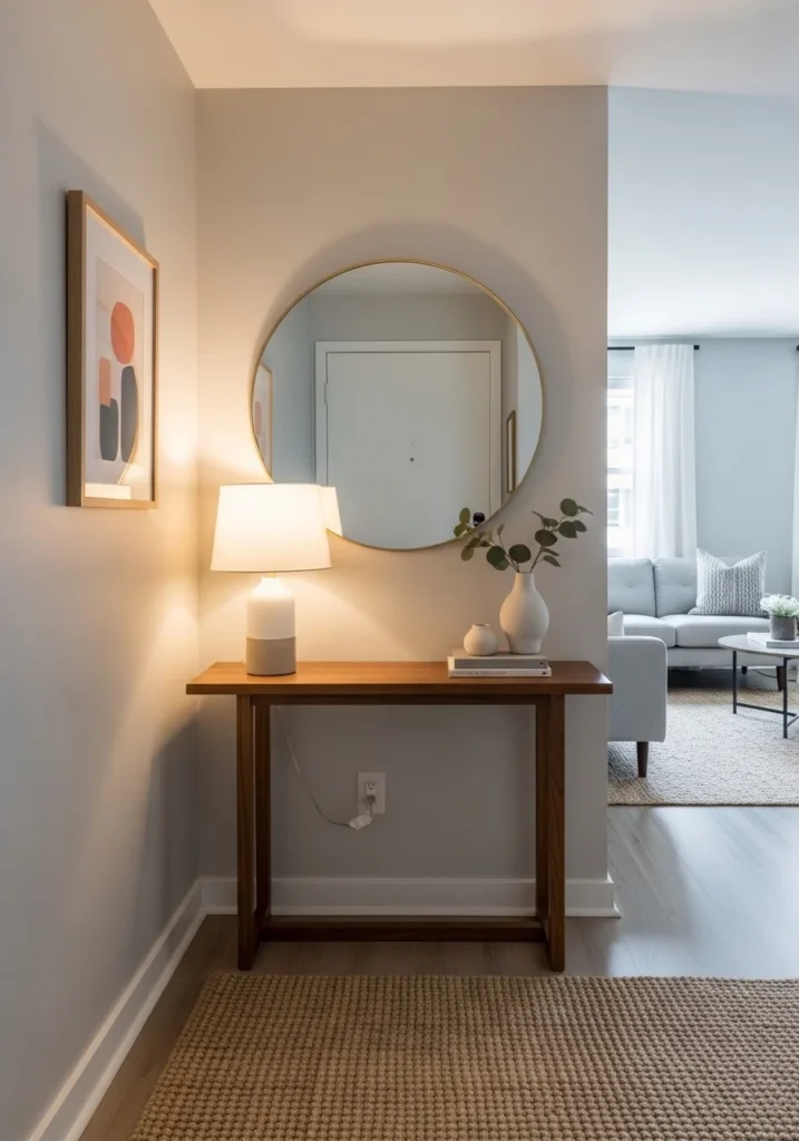 Apartment living room with slim console table near entry.