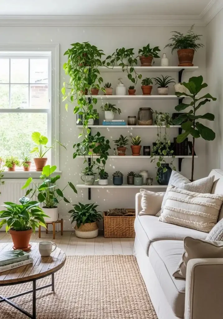Built-in shelves with plants in living room adding freshness and natural style