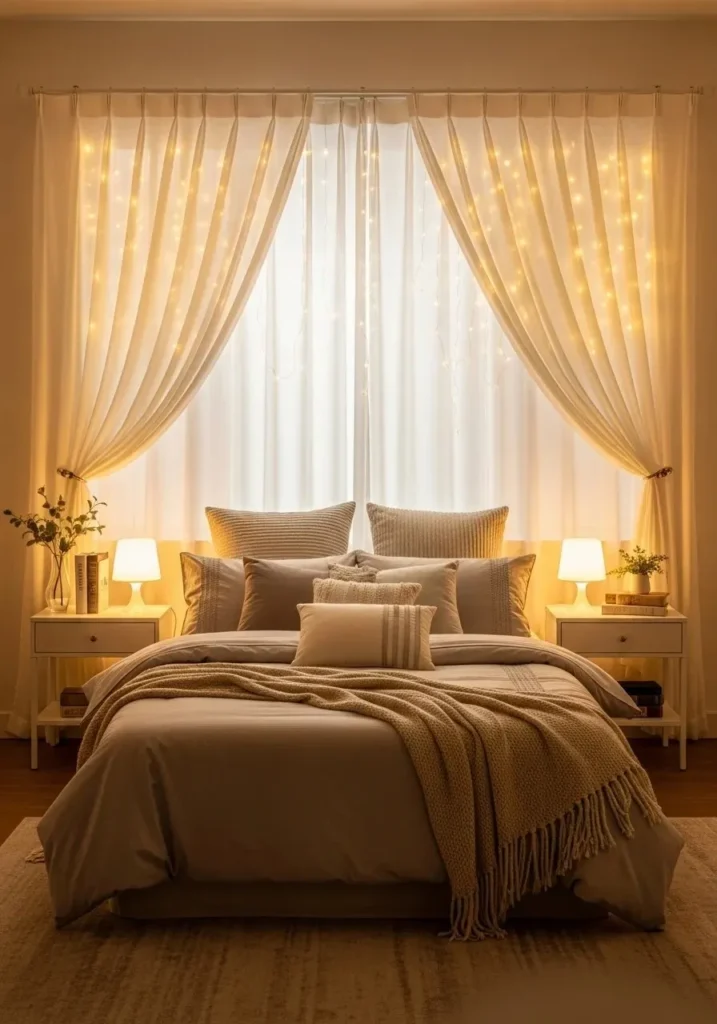 curtain LED lights creating dreamy soft bedroom wall lighting