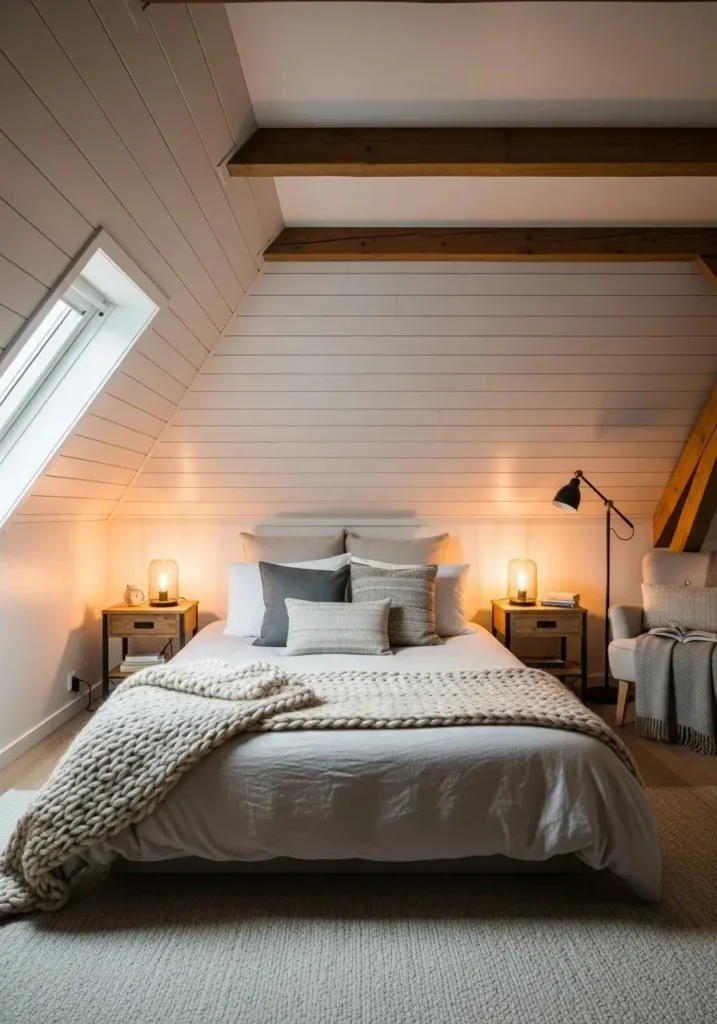 Bed placed under sloped attic ceiling