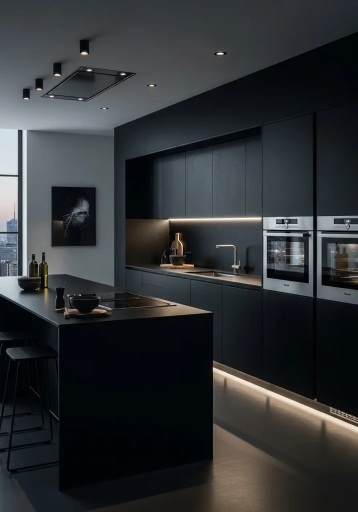 Sleek all-black kitchen with modern cabinets and countertops.