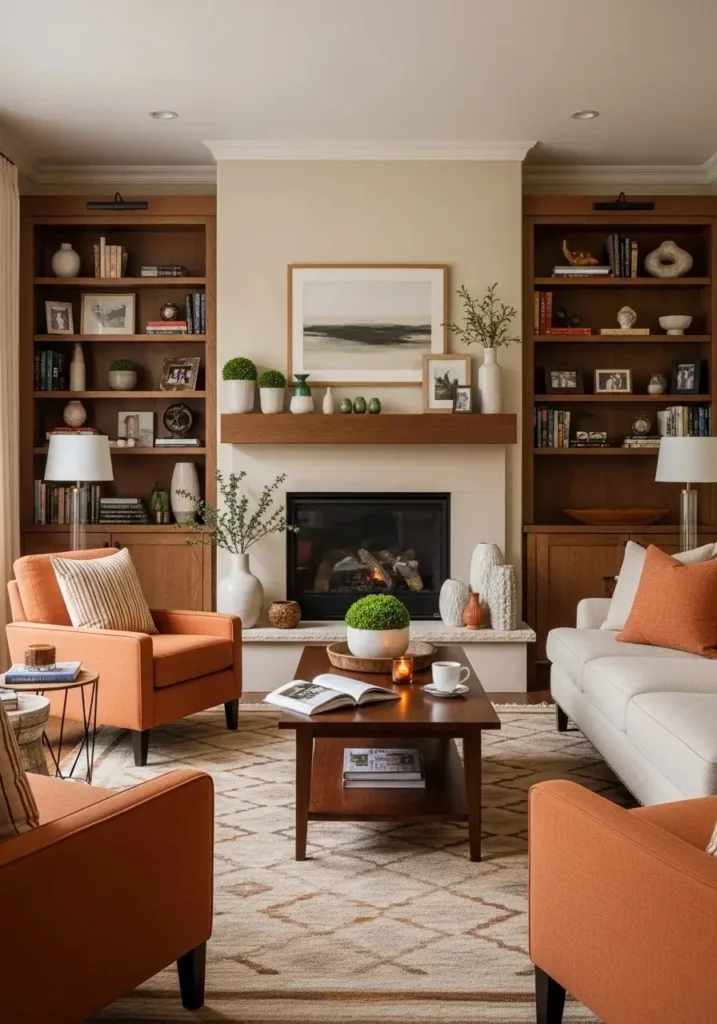 Built-in shelves with fireplace in living room creating a cozy focal point