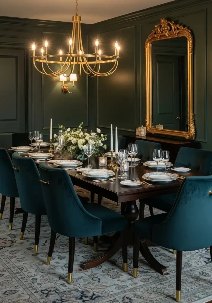 green dining room decor with gold accents and chandelier