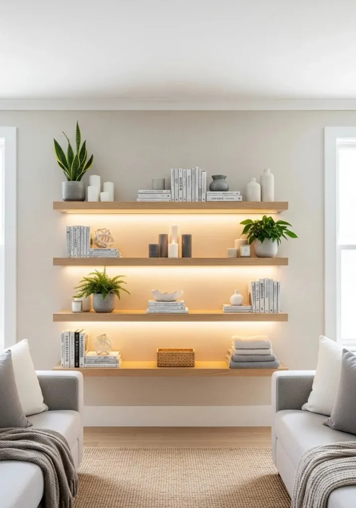 Floating shelves with decor items on a living room wall.