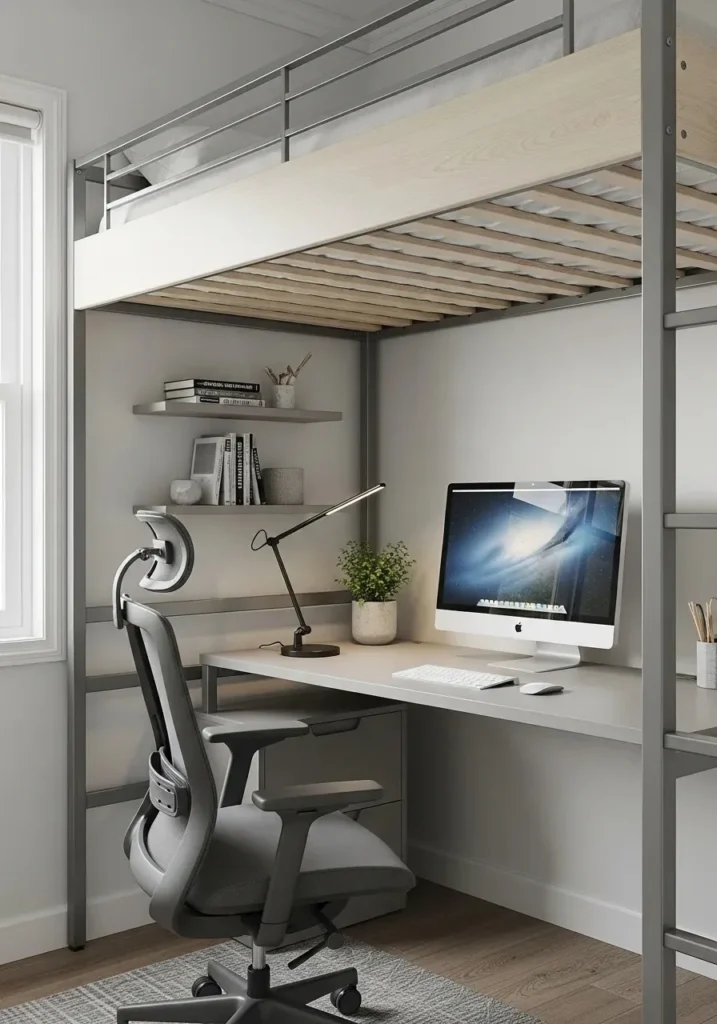 Loft bed with compact desk workspace underneath in a modern bedroom.