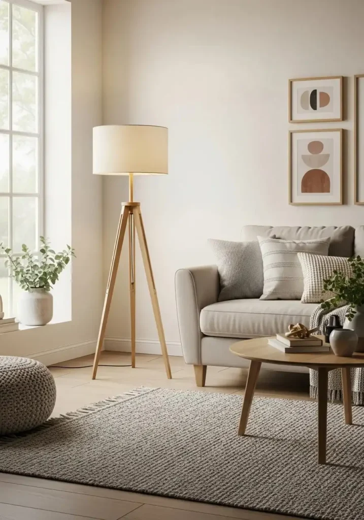 Tripod floor lamp adding texture and style to living room