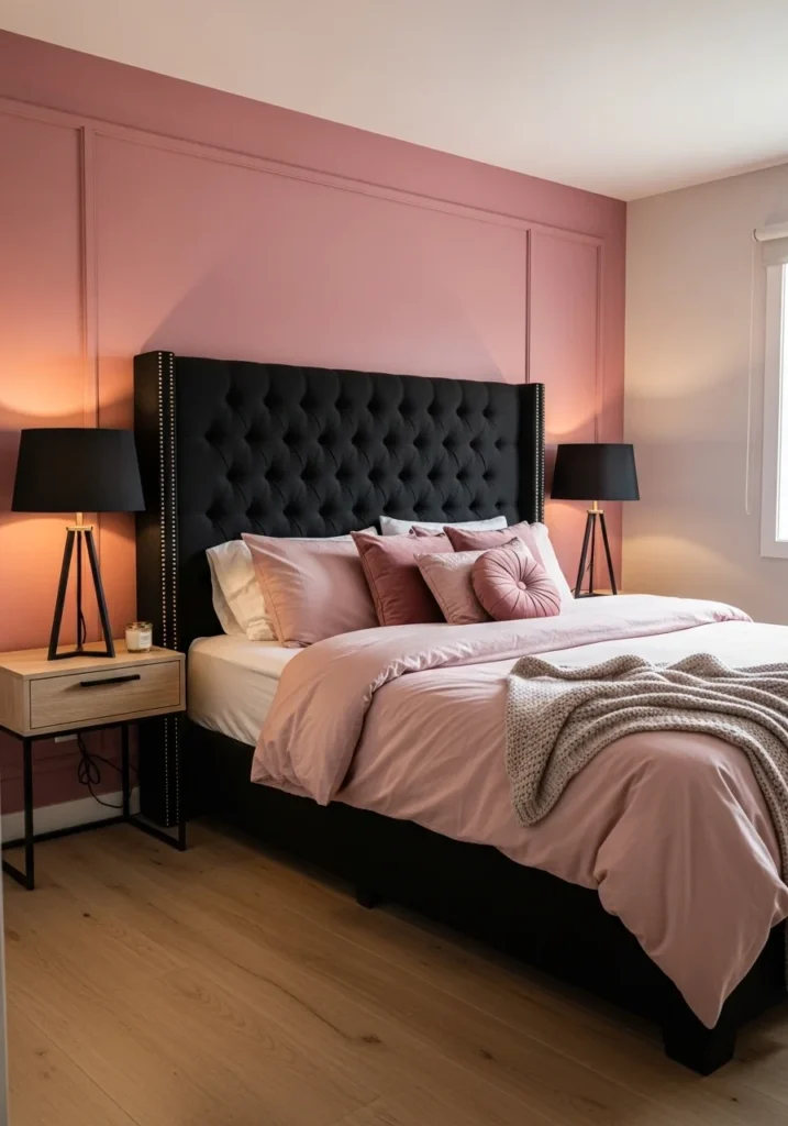 pink accent wall with black furniture and decor in bedroom