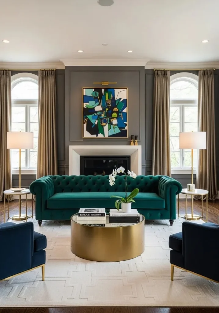 luxury living room with emerald green velvet sofa and gold accents