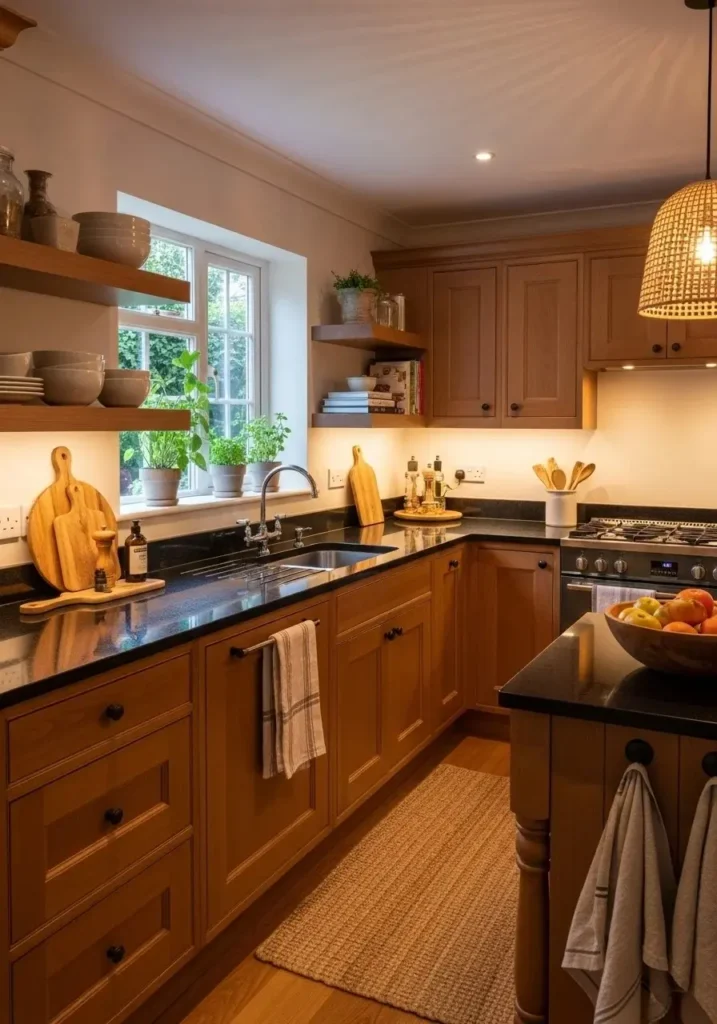 Warm wood cabinets with black countertops in a cozy kitchen.