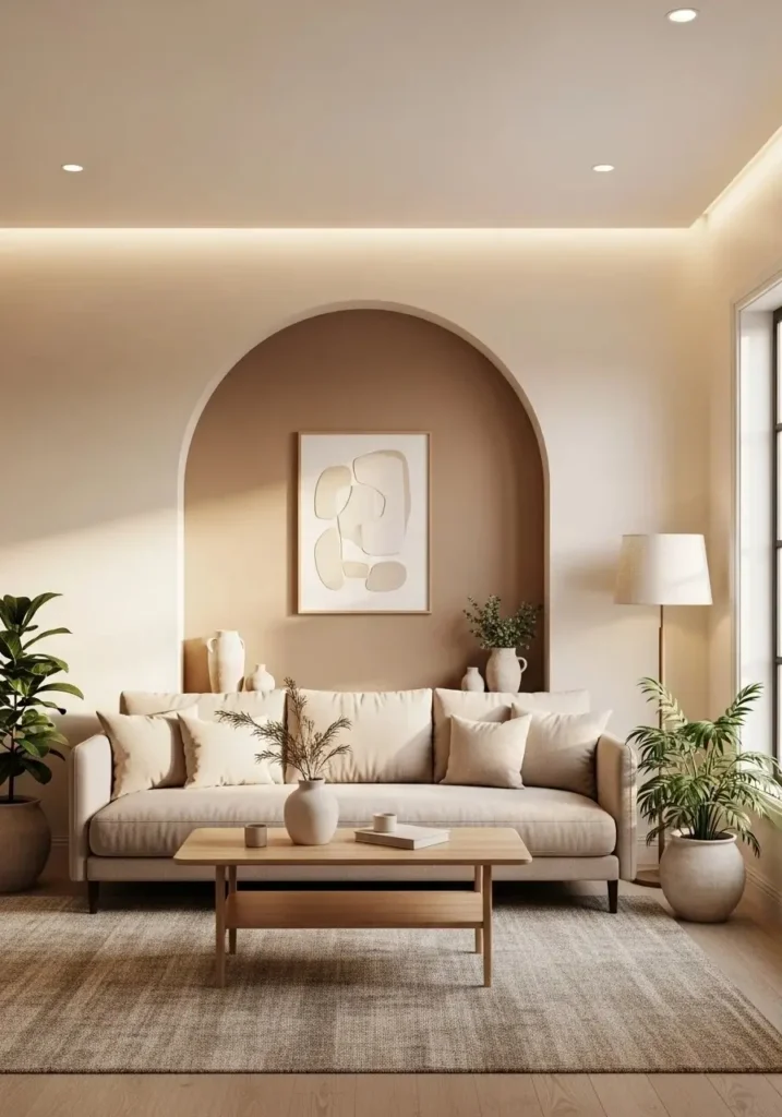 Painted arch accent wall in living room creating a soft focal point