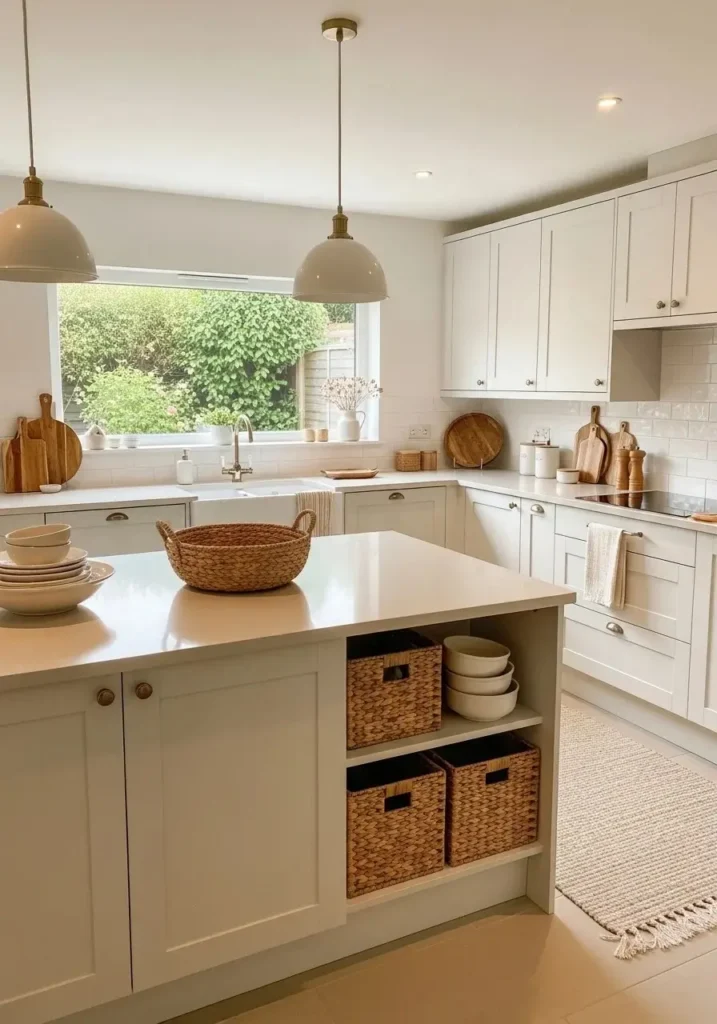 White kitchen with soft neutral tones and natural textures