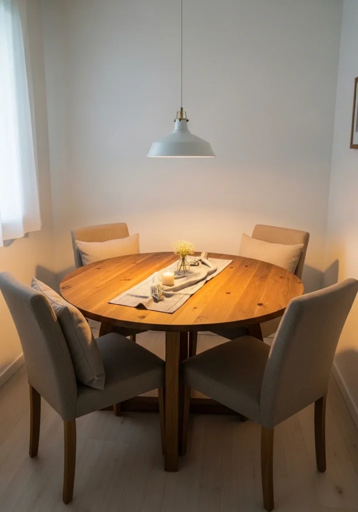 Round wooden dining table with upholstered chairs and warm lighting for a cozy dining experience.