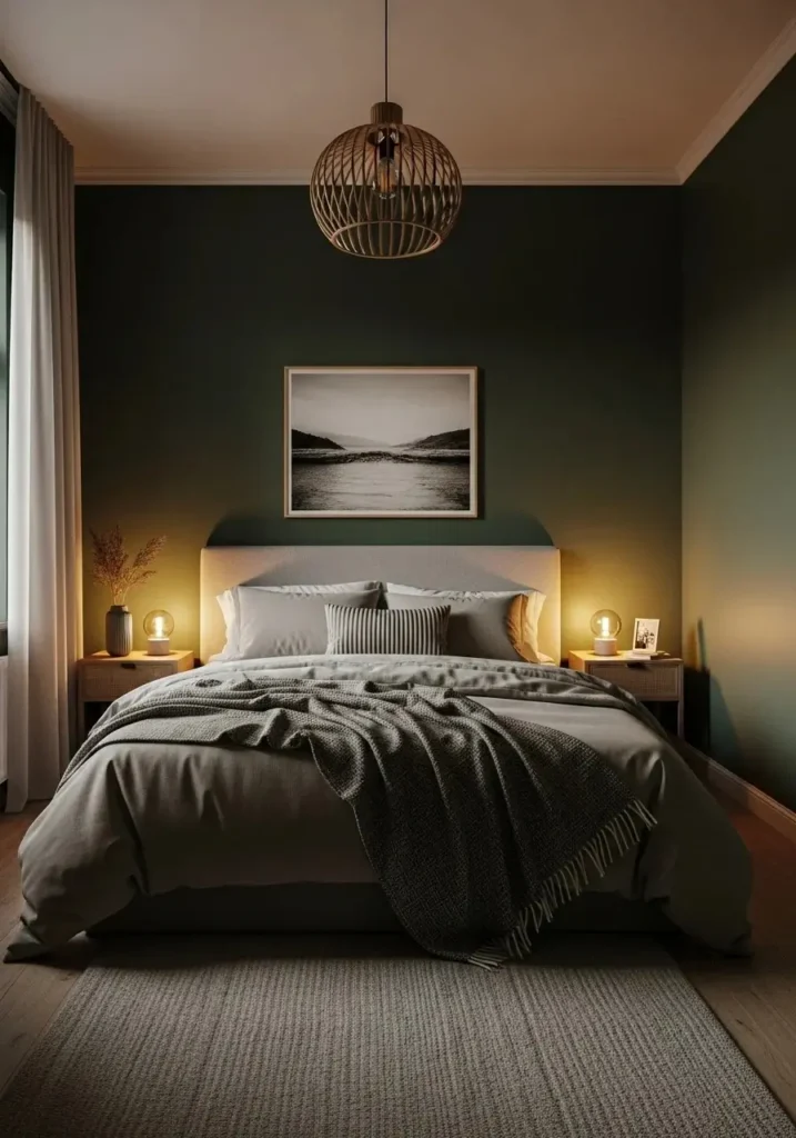 dark green bedroom with neutral layers cozy design