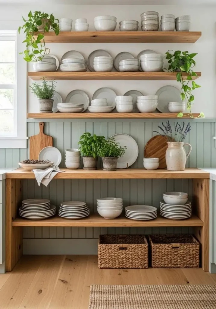 Beadboard backsplash kitchen with open shelving and cozy decor styling