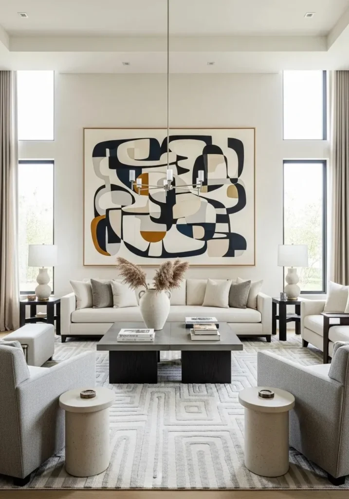 luxury living room with oversized statement wall art