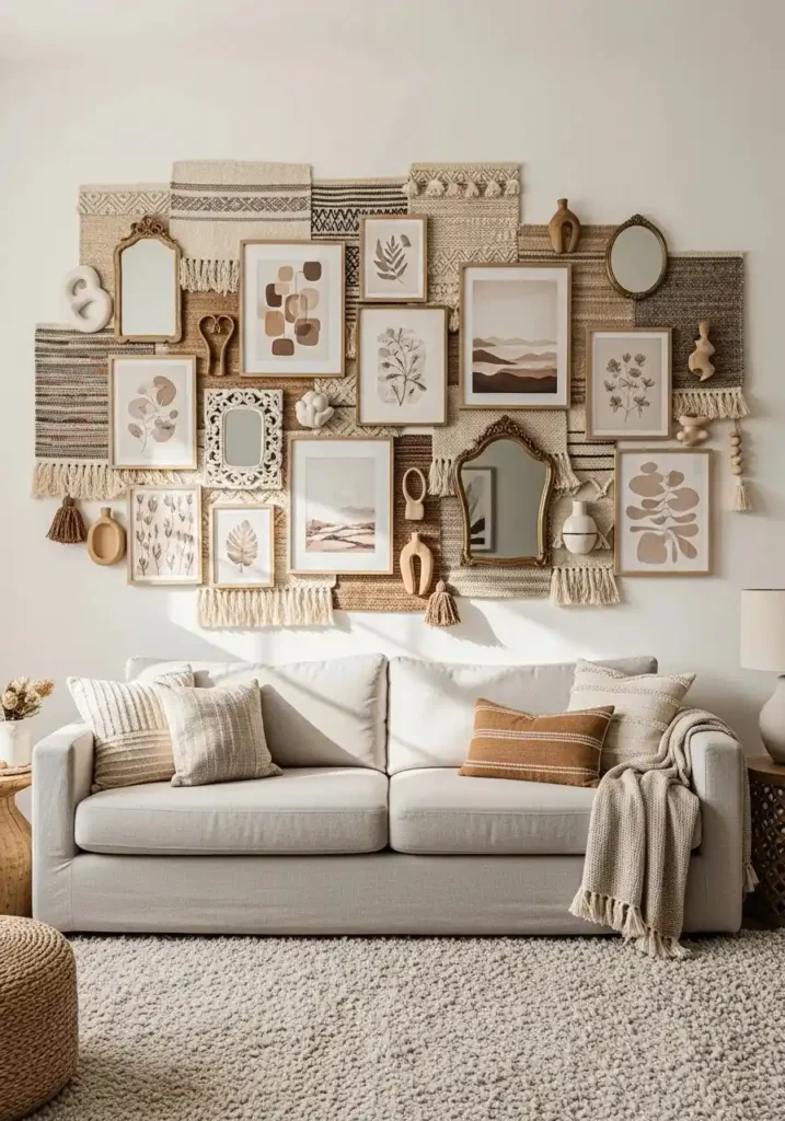 Mixed-texture wall collage creating layered, cozy living room decor.