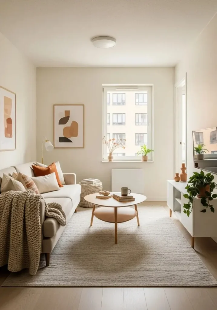 Apartment living room with large neutral rug defining the seating area.