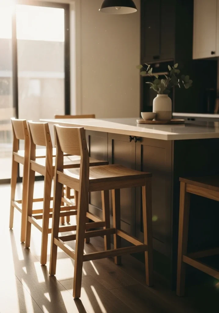 Classic wooden bar stools in oak at a modern kitchen island for warm, inviting seating