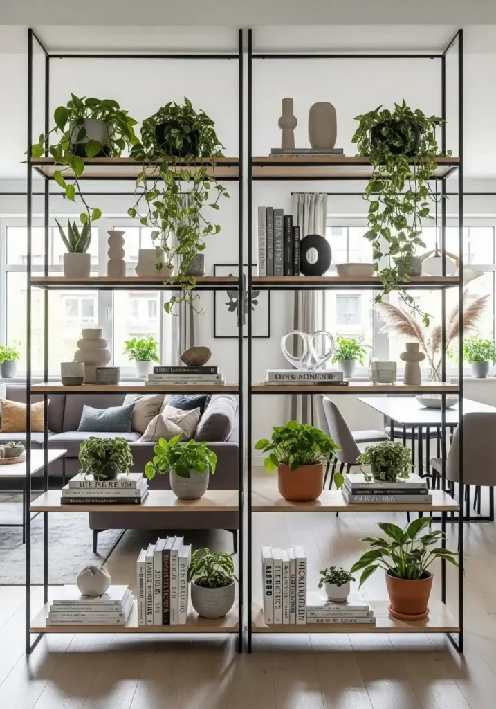 Dining table near large window with sunlight, living room seating area nearby