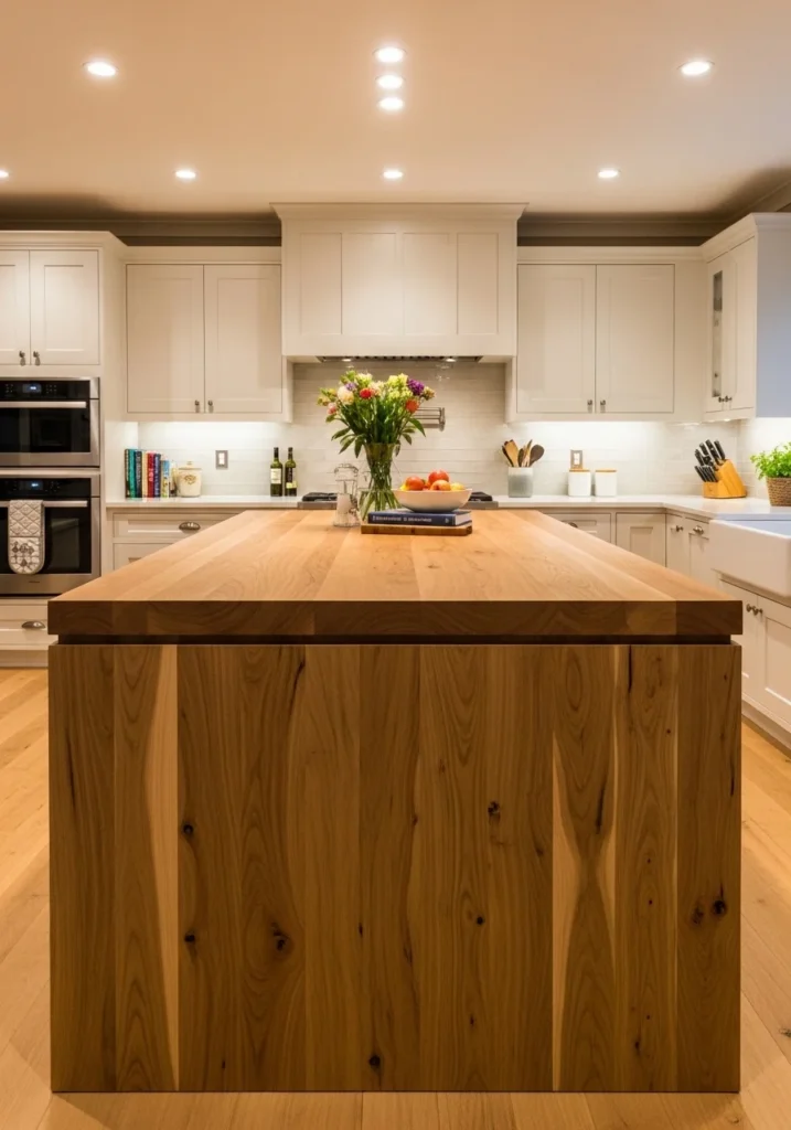 wood waterfall island kitchen warm natural design