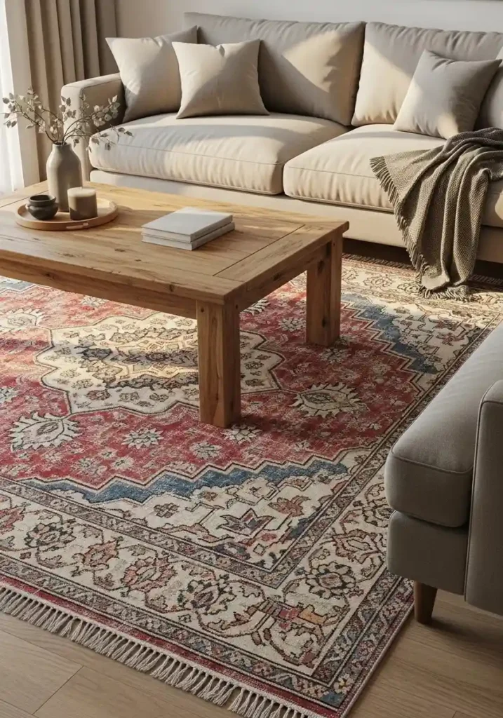 Vintage Persian-style rug adding warmth and character to living room space.