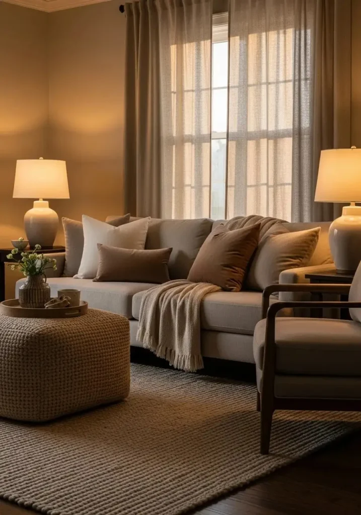 Cozy living room with layered rugs, velvet pillows, soft curtains, and warm ambient lighting.