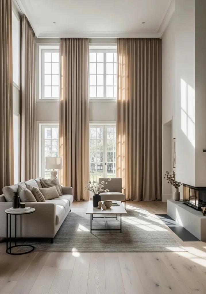 Floor-to-ceiling curtains in a living room creating the illusion of taller ceilings and elegance.