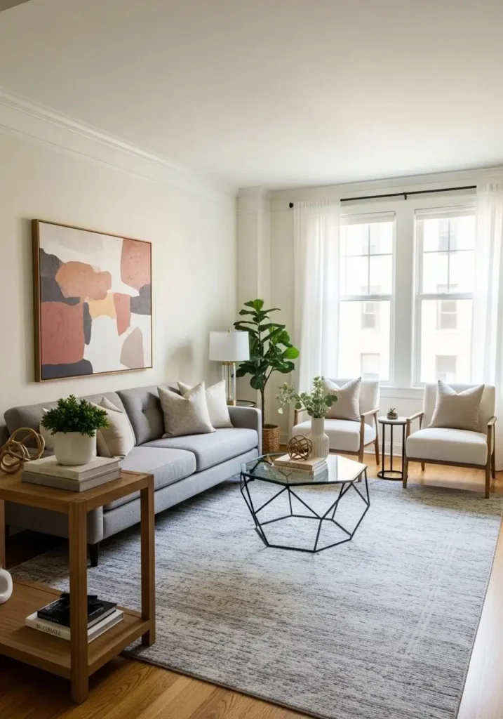 Small apartment living room with sofa floated away from wall.