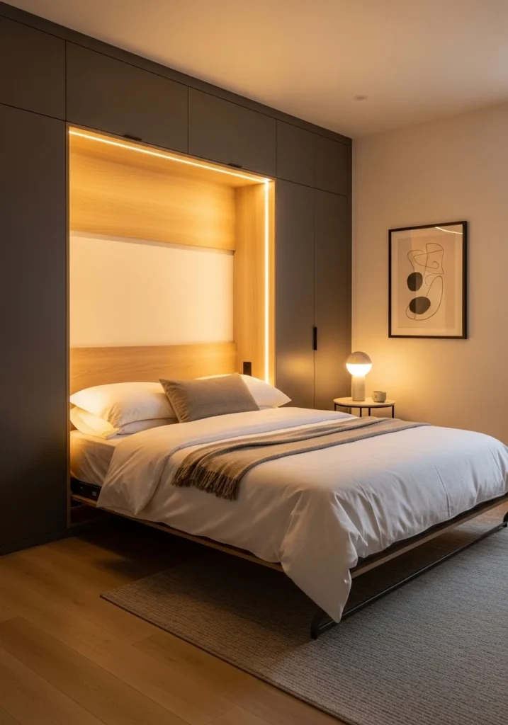 Wall-mounted Murphy bed with built-in LED lighting in a modern bedroom.