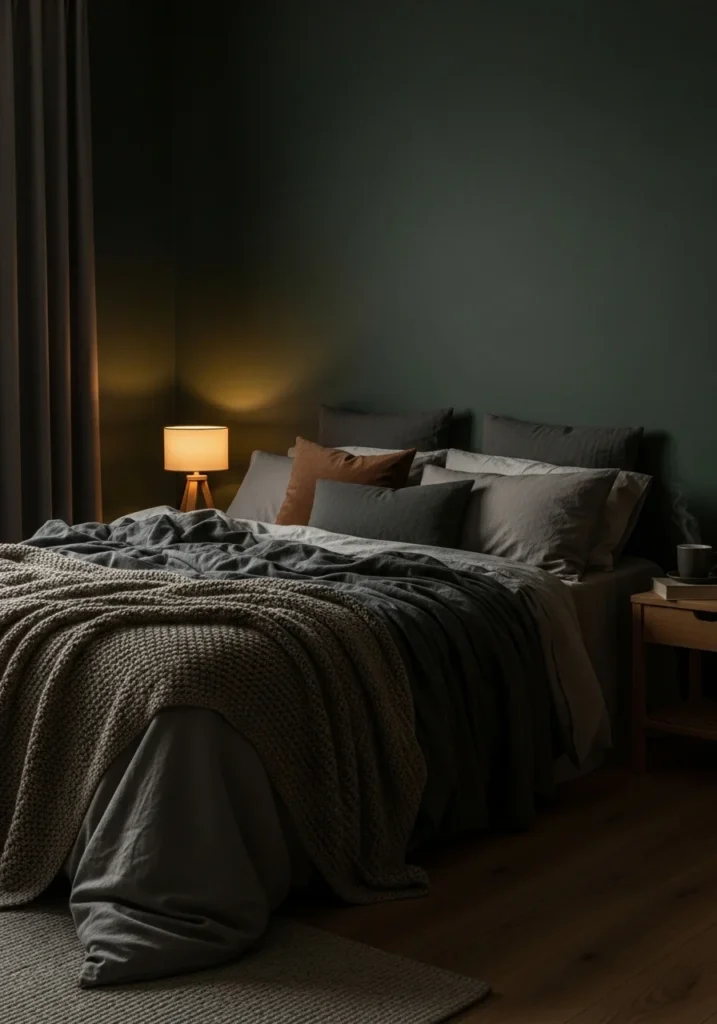 moody dark green bedroom dim lighting cozy space