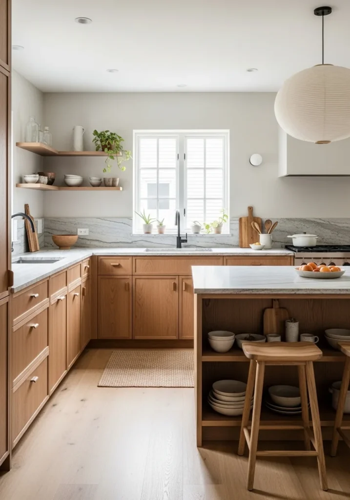 Japandi kitchen with stone countertops adding texture and natural elegance.
