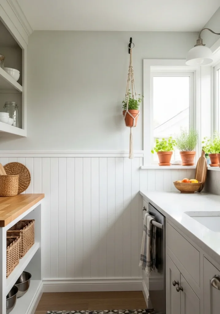Half wall beadboard backsplash kitchen with clean and airy design