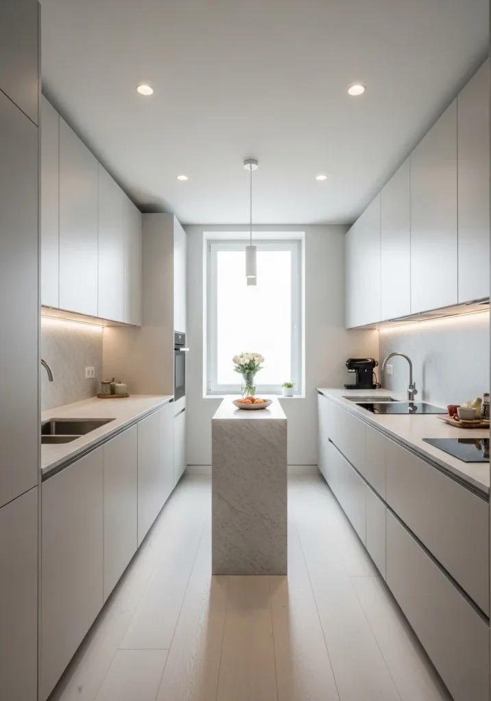 Galley kitchen with slim island and modern layout