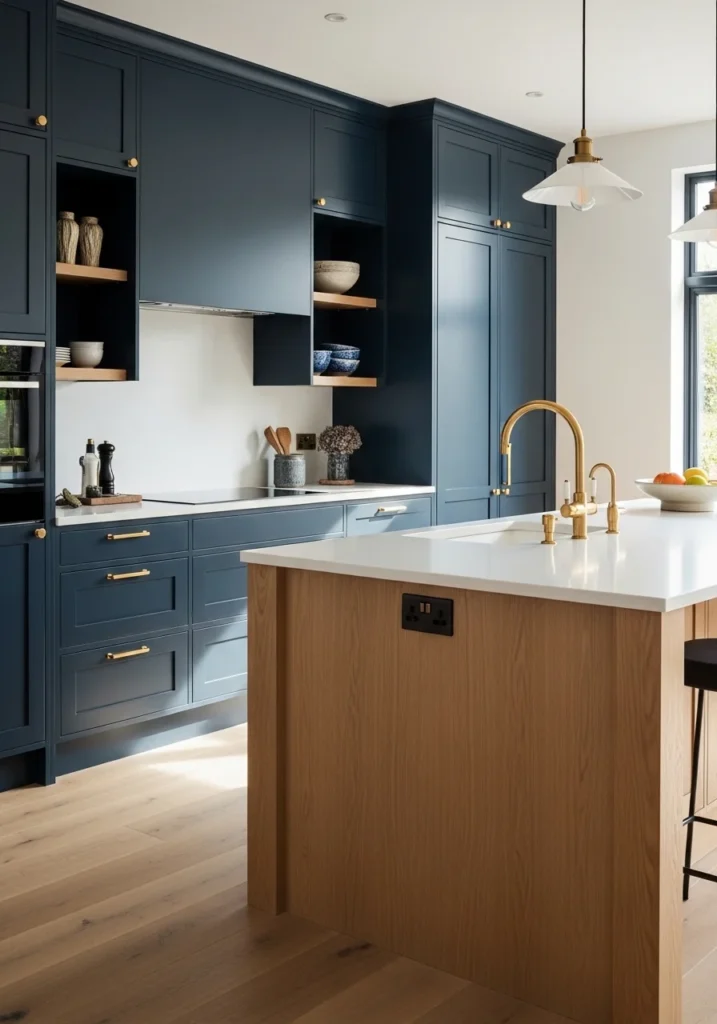 L-shaped kitchen with bold navy cabinets and contrasting wooden island.