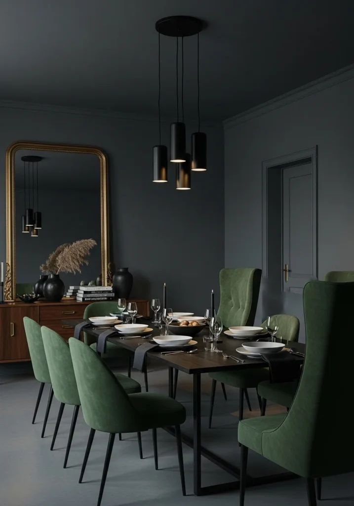 Moody dining room with dramatic dark ceiling design.