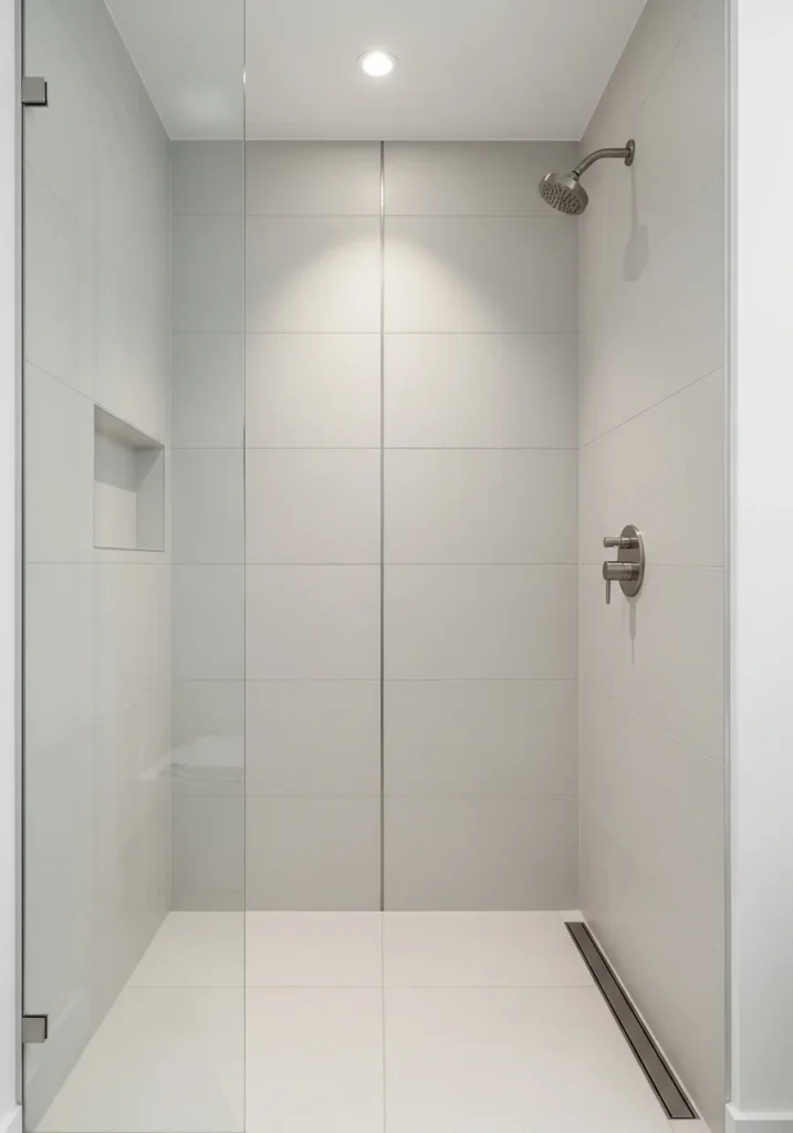 Small shower with vertical linear drain for sleek, seamless flooring