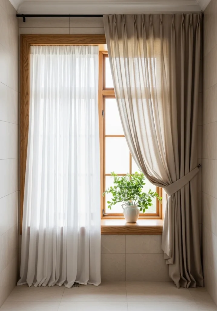 Bathroom window with layered curtains giving flexibility in light control and adding depth to the decor.